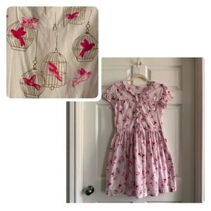 Lands End Kids Cotton Dress Girl 14 XL Ruffled Bird Print Coquette Cottagecore